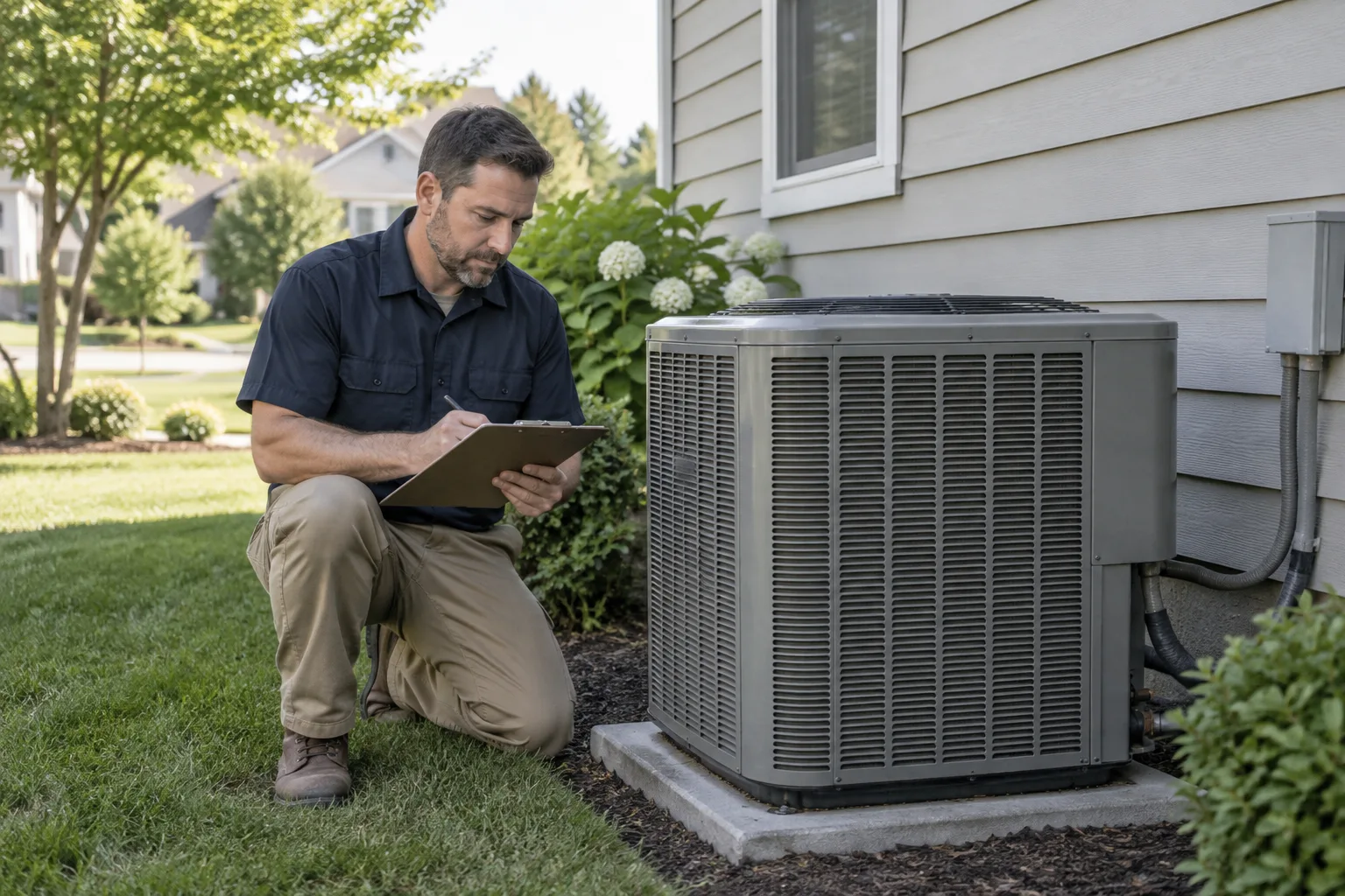 Illustration of an HVAC technician reviewing a service checklist