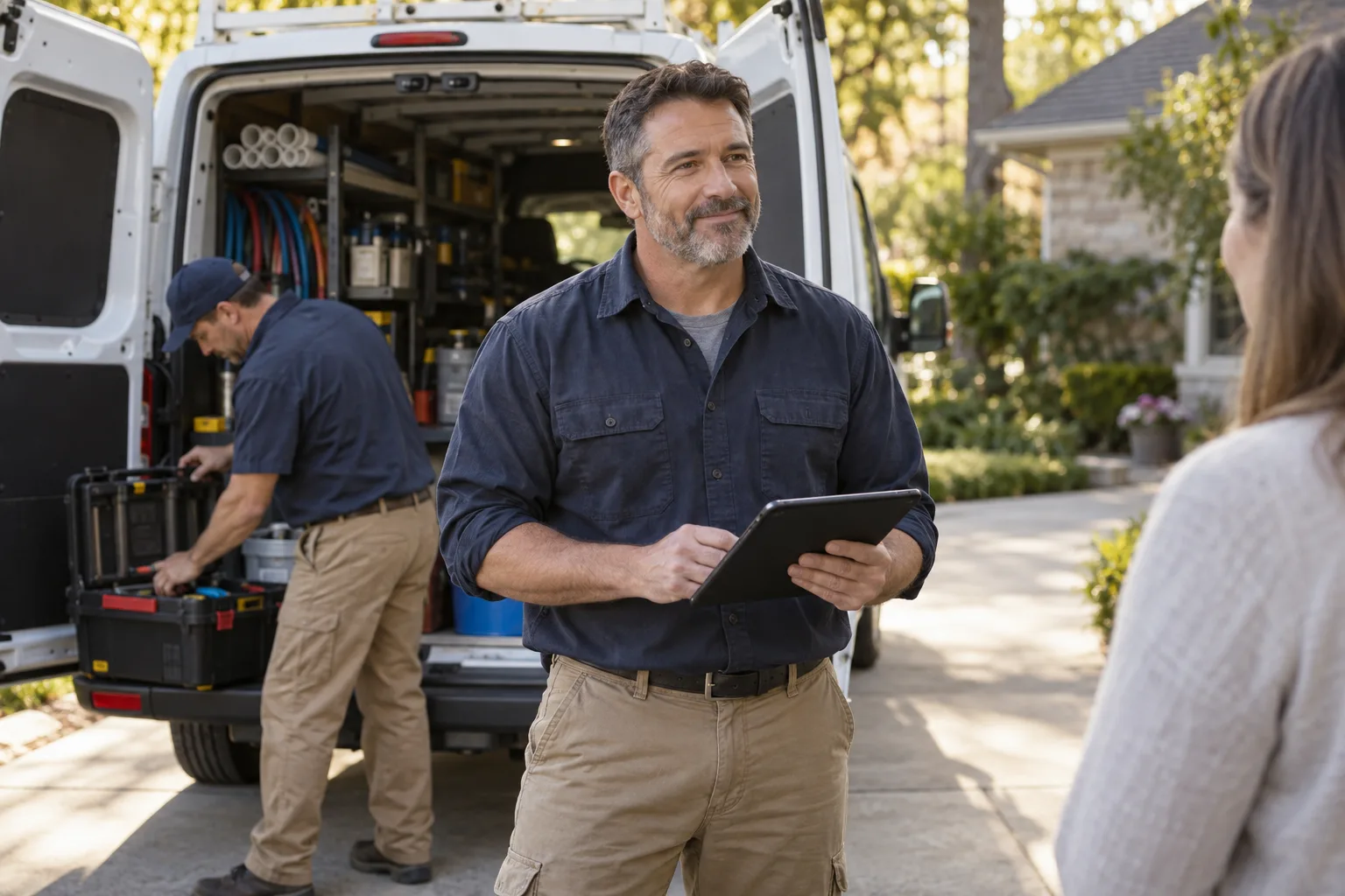 Illustration of a contractor reviewing a tablet beside a work van